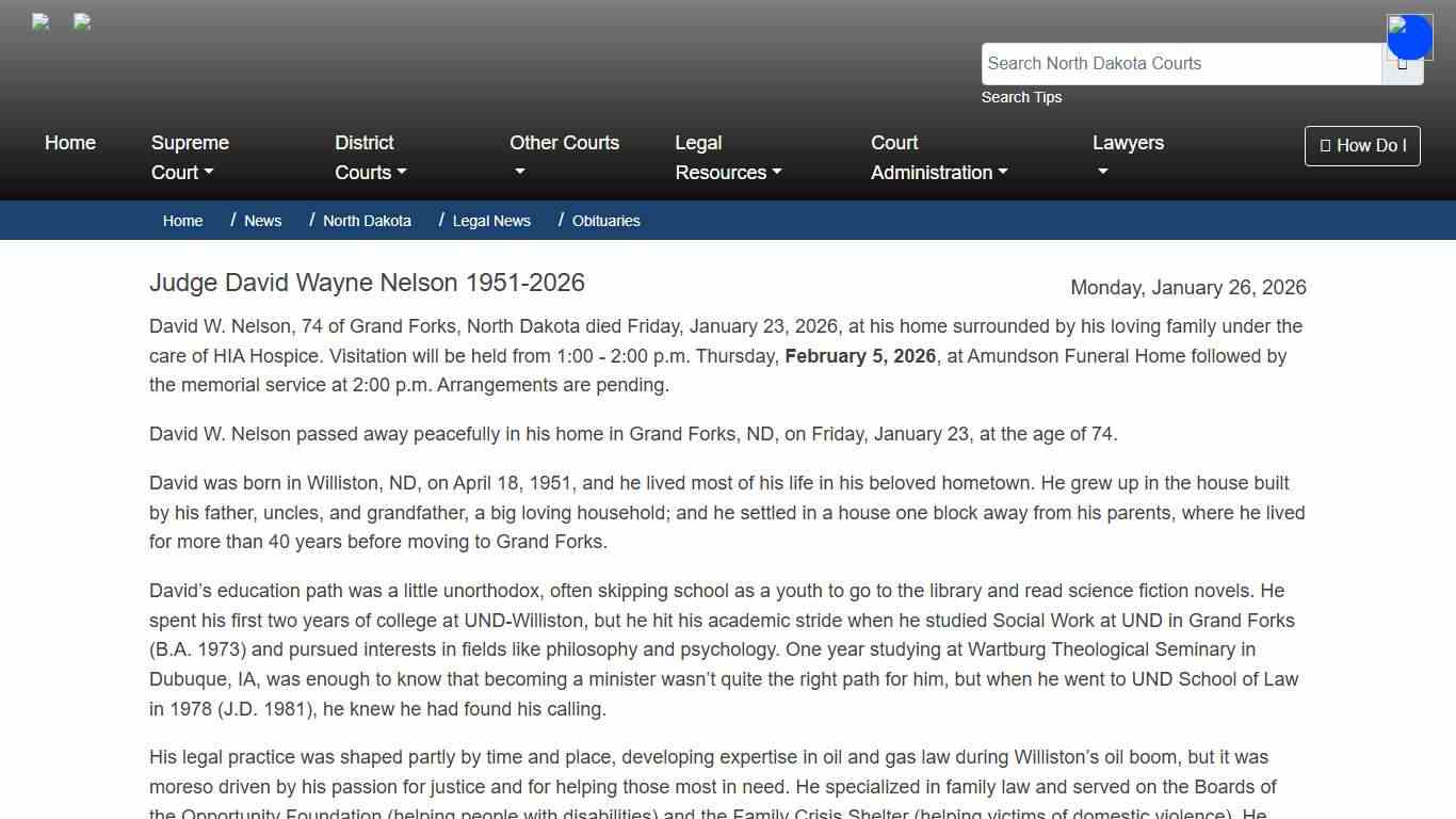 North Dakota Court System - Judge David Wayne Nelson 1951-2026